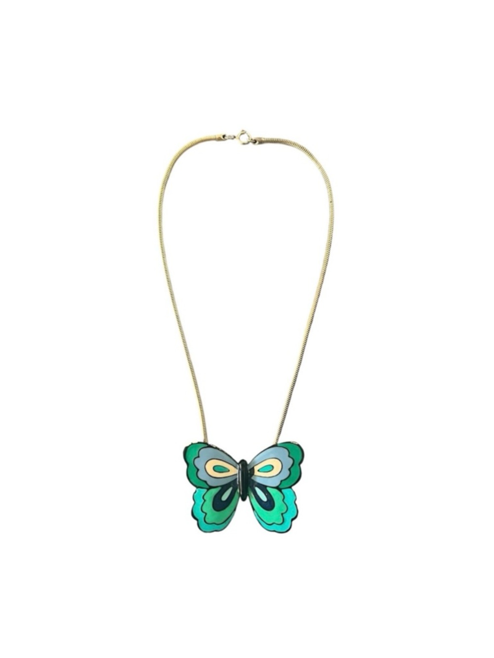 Eisenberg • Vintage Enamel Modernist Butterfly Pendant Necklace Gold Tone Green